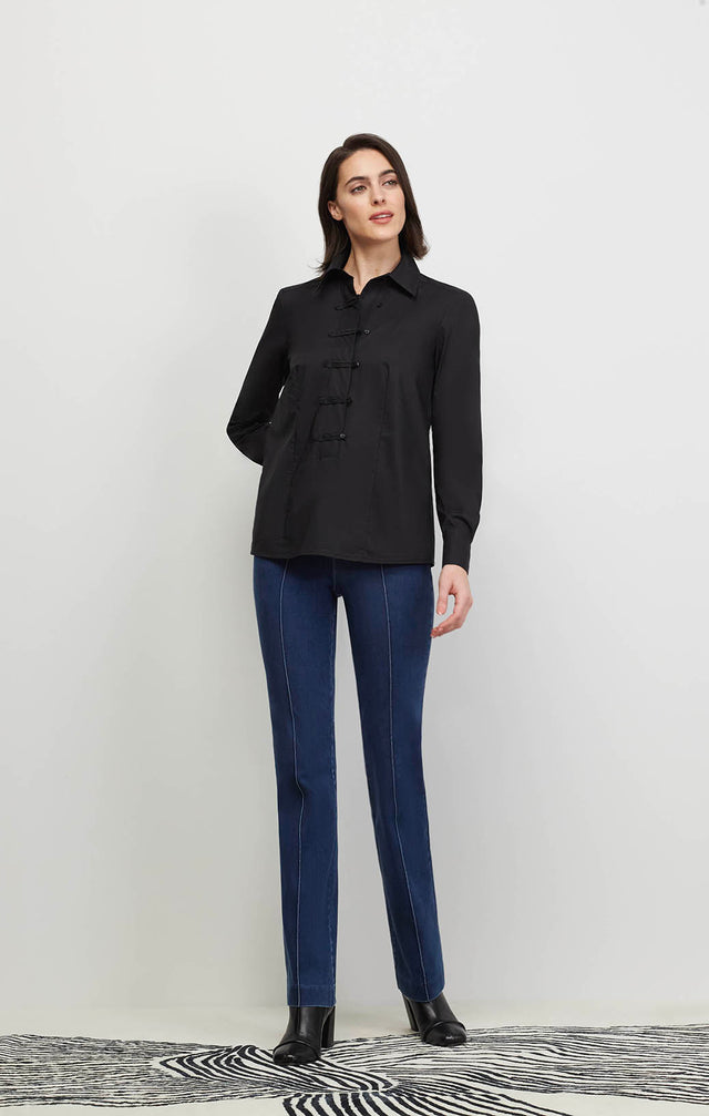 Model Wearing Elegance-Blk - Black Stretch Cotton Blouse With Self Loop Closures - Ecomm  Image