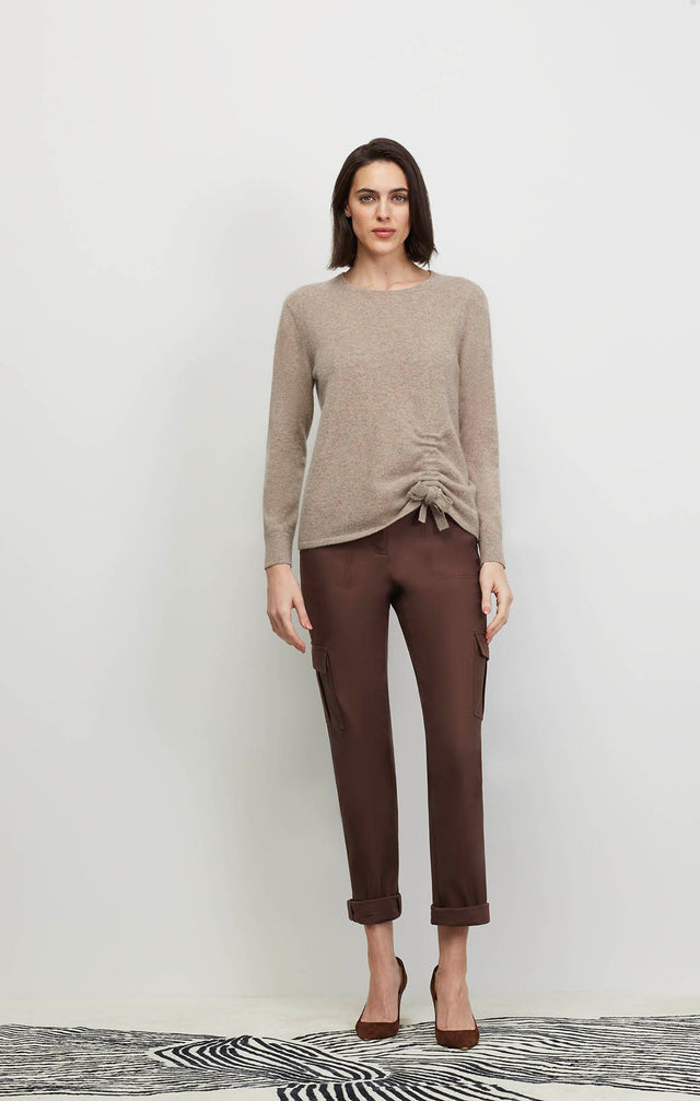 Model wearing Andromeda- Tan - Shirred Cashmere Pullover- Ecomm Image