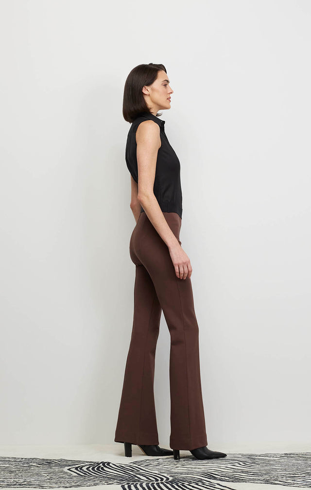 Model Wearing Flare-Brn - Italian Stretch Ponte Pull-On Pants - Ecomm Image