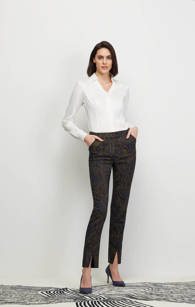 Model Wearing Exquisite - Italian Stretch Paisley Jacquard Pants - Ecomm Image