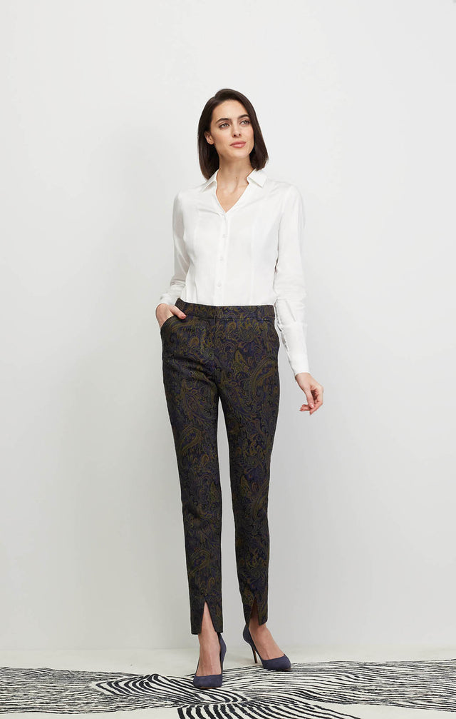 Model Wearing Exquisite - Italian Stretch Paisley Jacquard Pants - Ecomm Image