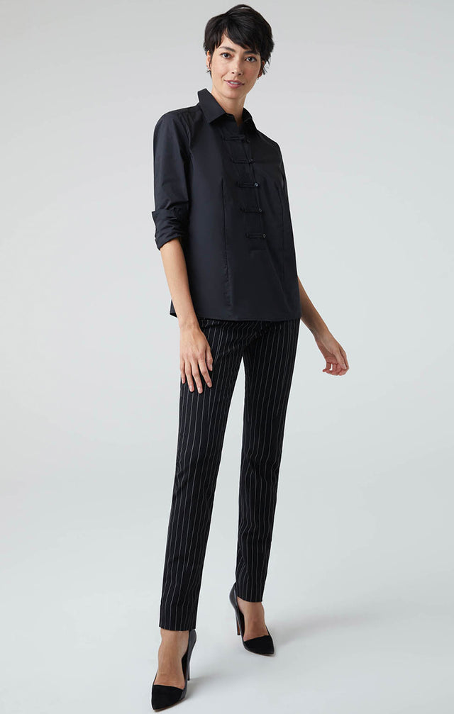 Model Wearing Elegance-Blk - Black Stretch Cotton Blouse With Self Loop Closures - Lookbook Image