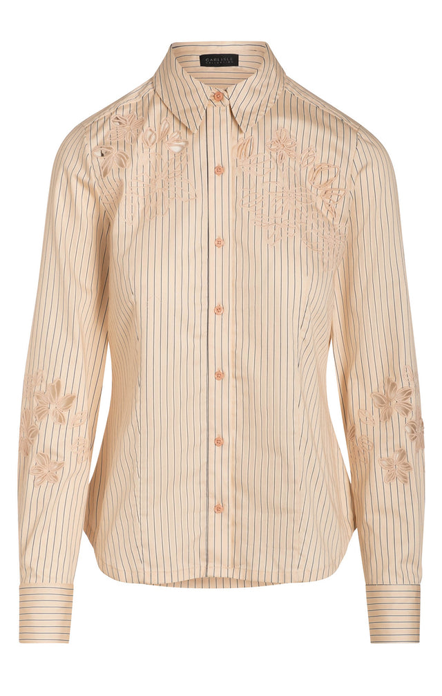 Columbine - Flower-Embroidered Pinstripe Blouse