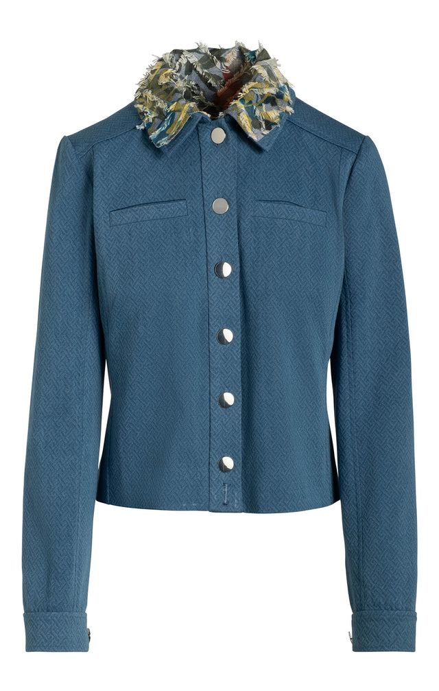 Zanzibar - Italian Denim Jacquard Jean Jacket With Fringed Floral Collar